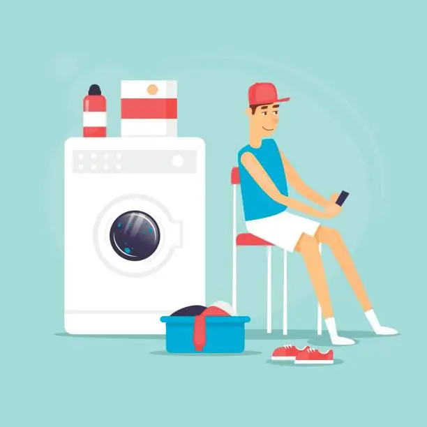 Vector illustration of Guy in his underwear waiting for the end of washing. Flat vector illustration in cartoon style.