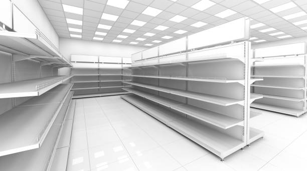 istock The interior of the store with empty shelves for goods. 802950218