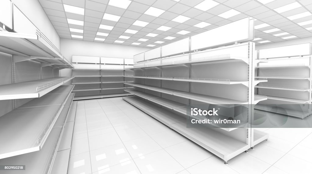 The interior of the store with empty shelves for goods. The interior of the store with empty shelves for goods. 3d image Three Dimensional Stock Photo