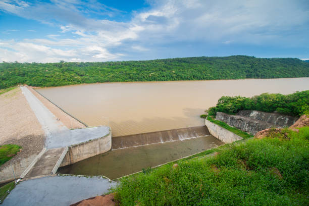 istock Dam water release, The excess capacity of the dam until spring-way overflows. 802953136