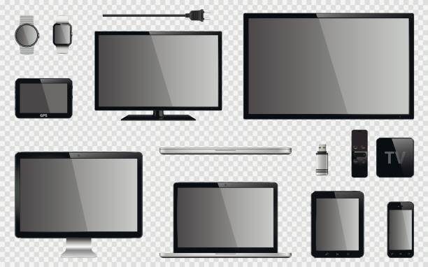 satz von realistische tv, computer-monitor, laptops, tablet, handy, smart-watch, usb-flash-laufwerk, system gps-navigationsgerät, tv-box-receiver mit fernbedienung und elektrische stecker - telephone receiver flash stock-grafiken, -clipart, -cartoons und -symbole