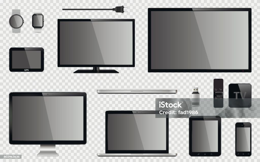 Set of realistic TV, computer monitor, laptops, tablet, mobile phone, smart watch, usb flash drive, GPS navigation system device, TV box receiver with remote controller and electric plug Set of realistic TV, computer monitor, laptops, tablet, mobile phone, smart watch, usb flash drive, TV box receiver, GPS navigation system device and electric plug. Isolated on transparent background. Vector eps10 Television Set stock vector