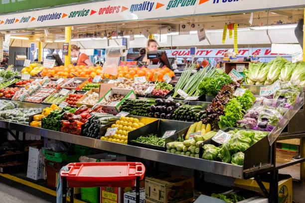 Adelaide, Australia - November 12, 2016: Vegetables on display at Adelaide Central Market on a weekend. It's a popular tourist attraction in the CBD area and the most visited place in South Australia.