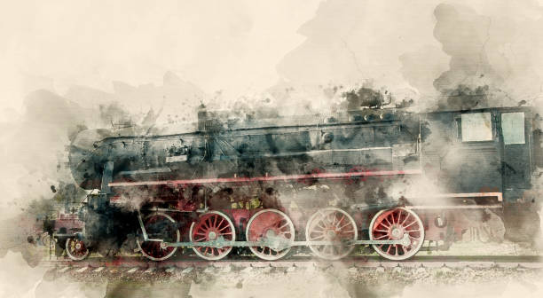 Old steam locomotives of the 20th century. Watercolor background