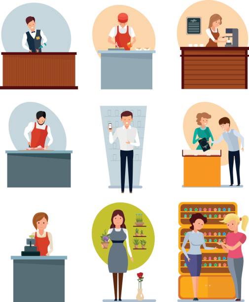 Fast food employee, butcher, seller coffee, jewelry, flowers, perfume, phones Staff set of sellers. Bartender, fast food employee, butcher, seller of coffee, jewelry, flowers, perfume and cell phones, cashier. Modern vector illustration isolated on white background. quick service restaurant cashier stock illustrations