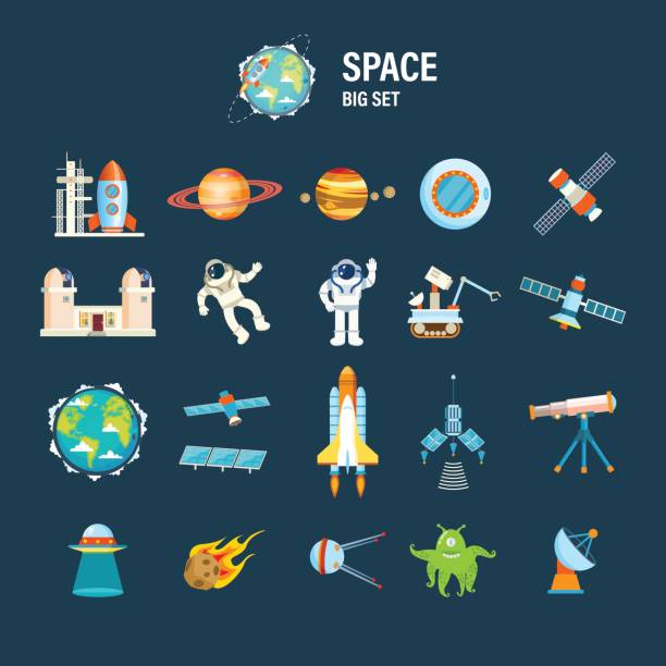 ilustraciones, imágenes clip art, dibujos animados e iconos de stock de en tema de espacio, incluyendo transporte, planetas y objetos relacionados - equipment group of objects space moon