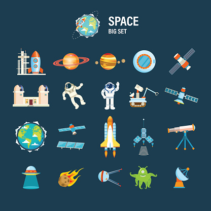 Cosmos and space set concept. Big set on space theme, including a transport, planets and related objects, satellites, instruments for tracking the cosmos. Vector illustration isolated