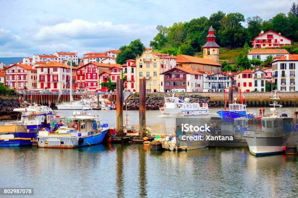 Colorful Basque Houses In Port Of Saintjeandeluz France Stock Photo - Download Image Now