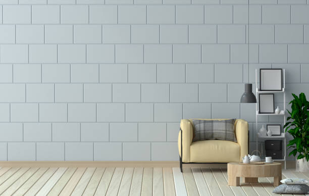 istock Pastel interior in modern style with soft yellow armchairs and lamps 3d rendering  in front of clean walls 802987594