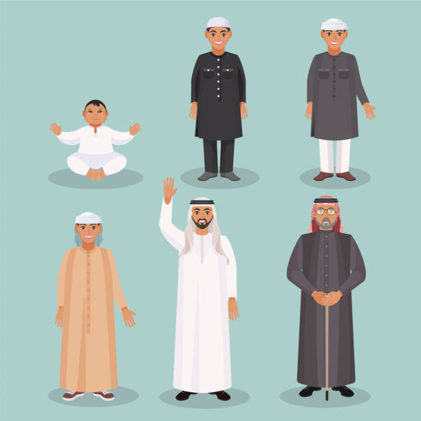 ilustrações, clipart, desenhos animados e ícones de gerações de homens árabe da criança à pessoa idosa - headscarf islam senior adult east