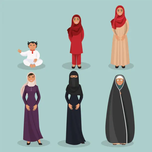 Vector illustration of Arabic women generations from child to elderly person