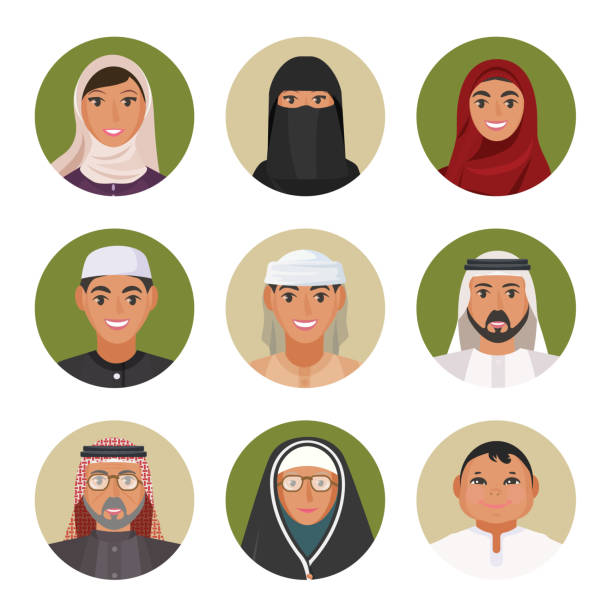 ilustraciones, imágenes clip art, dibujos animados e iconos de stock de hombres árabes y mujeres de todas edades retratos en círculos - headscarf islam senior adult east