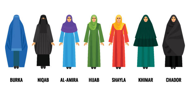 ilustraciones, imágenes clip art, dibujos animados e iconos de stock de mujer árabe tradicional ropa conjunto de ilustraciones de dibujos animados aislados - milfeh