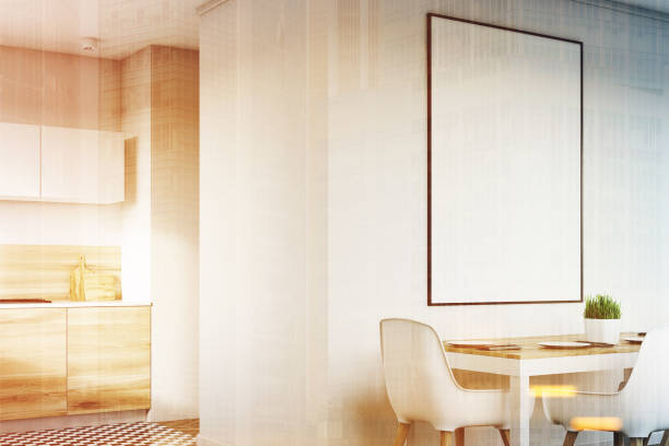istock Corner of white kitchen with poster, toned 802997506