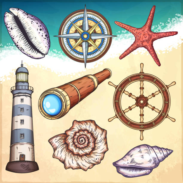 항해 그림을 설정합니다. - nautical chart drawing compass map old stock illustrations