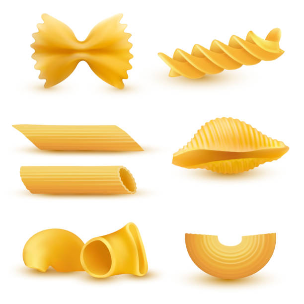 wektorowy zestaw ilustracji realistycznych ikon suchego makaronu, makaronu różnego rodzaju - pasta tubes stock illustrations