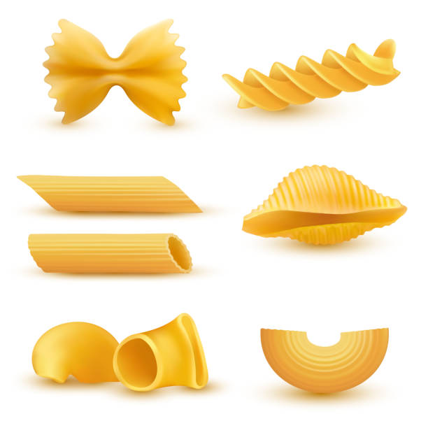 Vector illustration set of realistic icons of dry macaroni, pasta of various kinds Vector illustration set of realistic icons of dry macaroni of various kinds, pasta, fusilli, conchiglio, rigatoni, farfalle, penne isolated on white background pasta stock illustrations