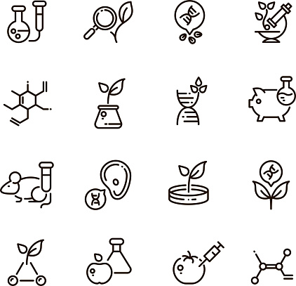 Gmo food and medical science vector line editable icons. Dna modification and agriculture technology outline symbols. Science genetic modification dna in food illustration