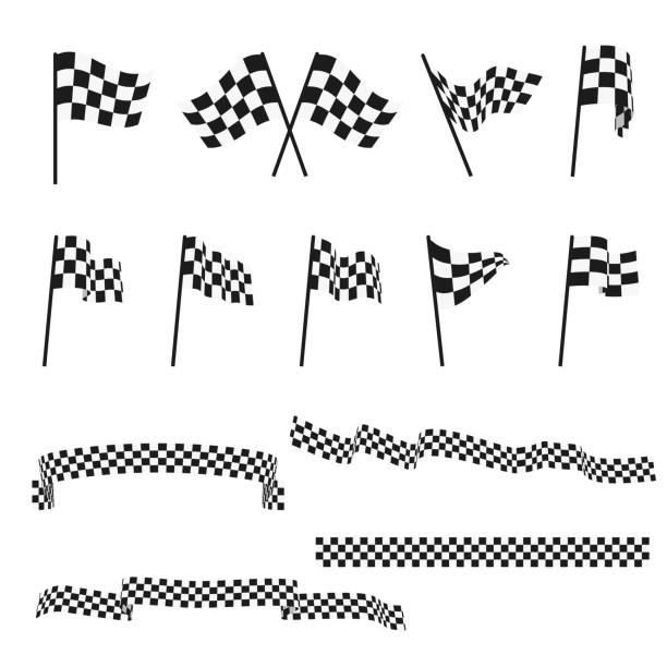 illustrazioni stock, clip art, cartoni animati e icone di tendenza di bandiere da corsa auto a scacchi in bianco e nero e set vettoriale di nastri di finitura - checkered flag auto racing flag sports race