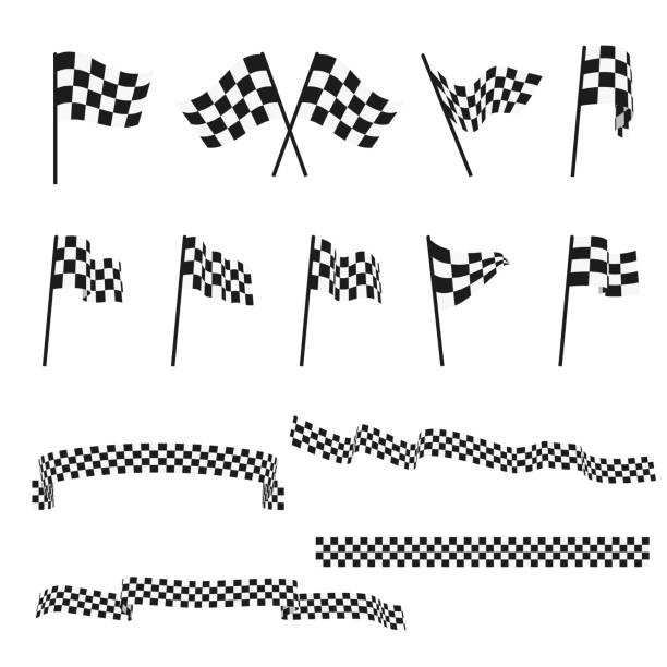 Black and white checkered auto racing flags and finishing tape vector set Black and white checkered auto racing flags and finishing tape vector set. Sport flag for competition race, winner check flag illustration print finishing stock illustrations