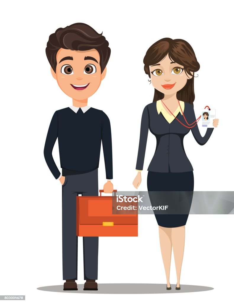 Businessman And Businesswoman Cute Cartoon Characters Man With Briefcase  And Woman Showing Her Badge Vector Illustration Stock Illustration -  Download Image Now - iStock