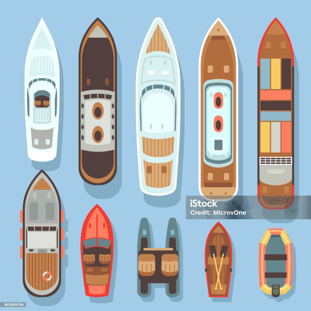 Haut de la page vue aérienne bateaux bateau et océan vector ensemble - clipart vectoriel de Transport nautique libre de droits