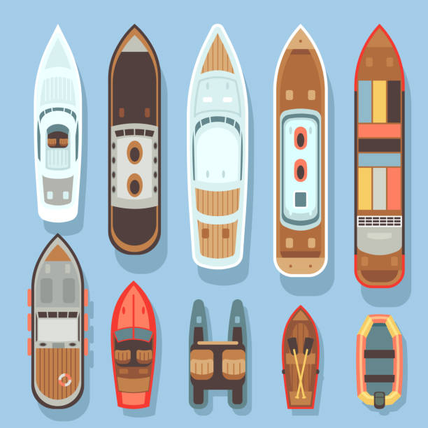 Top aerial view boat and ocean ships vector set Top aerial view boat and ocean ships vector set. Sea boat and transport for travel on water illustration fast boat stock illustrations