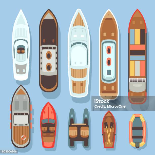 Top Aerial View Boat And Ocean Ships Vector Set Stock Illustration - Download Image Now - Nautical Vessel, Top - Garment, Scenics - Nature