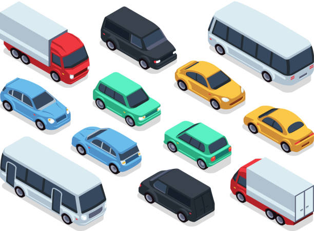 ilustraciones, imágenes clip art, dibujos animados e iconos de stock de isométricos vehículos y autos para 3d mapa de tráfico de la ciudad. vector conjunto de transporte urbano - transporte terrestre