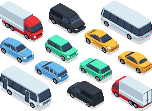 Isometric vehicles and cars for 3d city traffic map. Vector urban transport set. Transport car isometric, auto car 3d style illustration