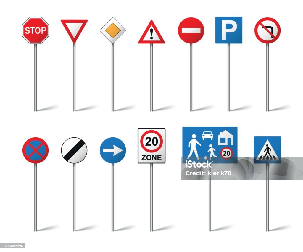 Verkehrszeichen set isolierten auf weißen Hintergrund. Vektor-illustration - Lizenzfrei Schild Vektorgrafik