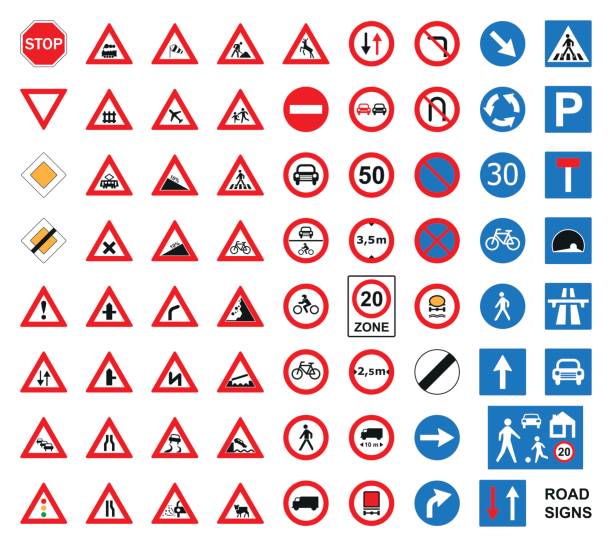 ilustrações, clipart, desenhos animados e ícones de conjunto de sinais de estrada de tráfego isolado no branco. ilustração em vetor. - sinal
