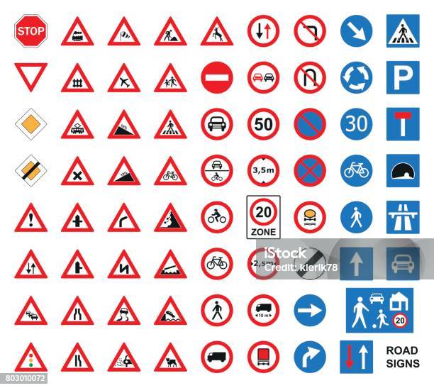 Vetores de Conjunto De Sinais De Estrada De Tráfego Isolado No Branco Ilustração Em Vetor e mais imagens de Placa de estrada