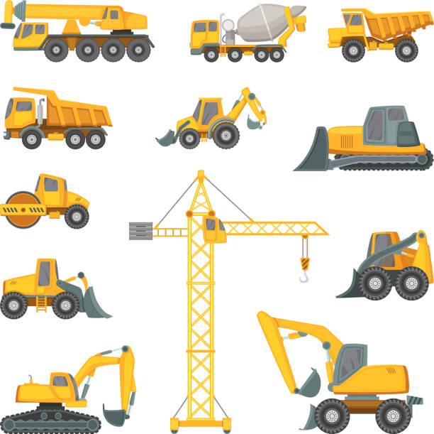 Heavy construction machines. Excavator, bulldozer and other technique. Vector illustrations in cartoon style Heavy construction machines. Excavator, bulldozer and other technique. Vector illustrations in cartoon style. Bulldozer and digger equipment machine construction vehicle stock illustrations