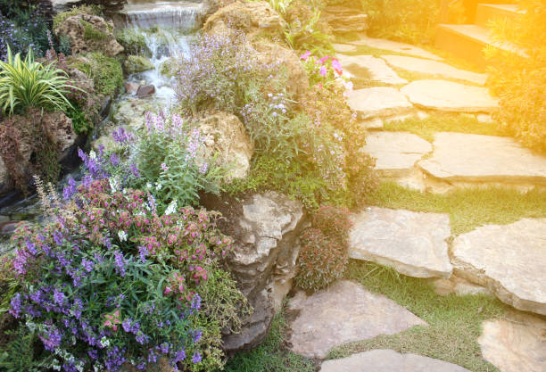 istock Walk way in beautiful garden with small waterfall with burst light 803013592