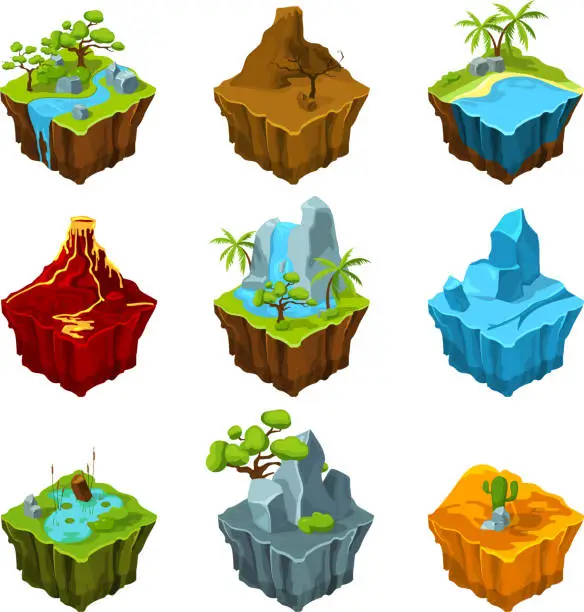 Vector illustration of Fantasy isometric islands with vulcans, different plants and rivers. Interface elements in cartoon style. Vector pictures for computer games