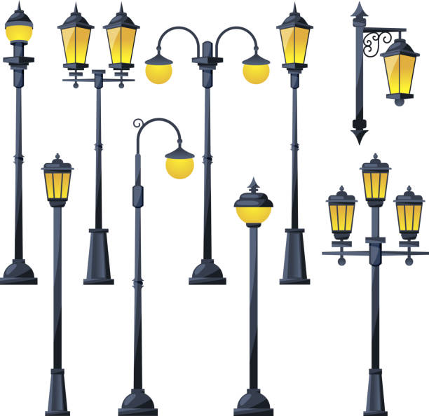 векторная иллюстрация старых городских ламп в мультяшном стиле - street light illustrations stock illustrations
