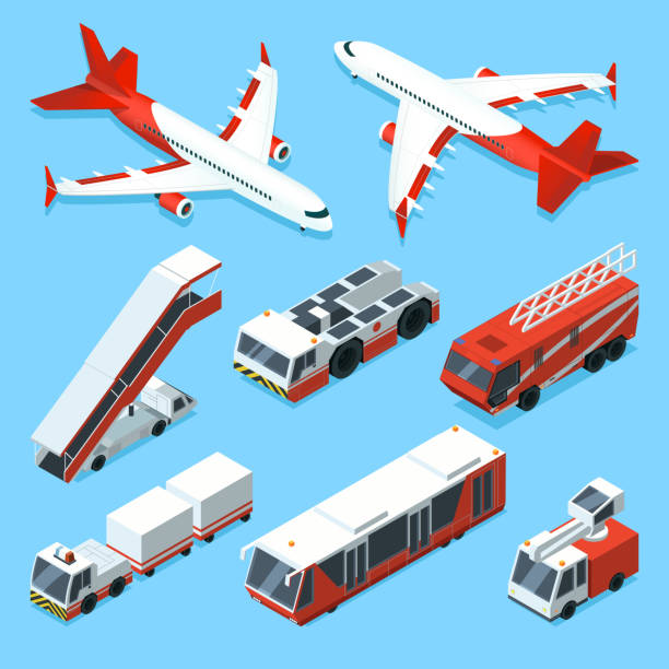 ilustrações de stock, clip art, desenhos animados e ícones de airplanes set and other support machines in airport. vector isometric illustrations of transport - vector isometric airplane bus