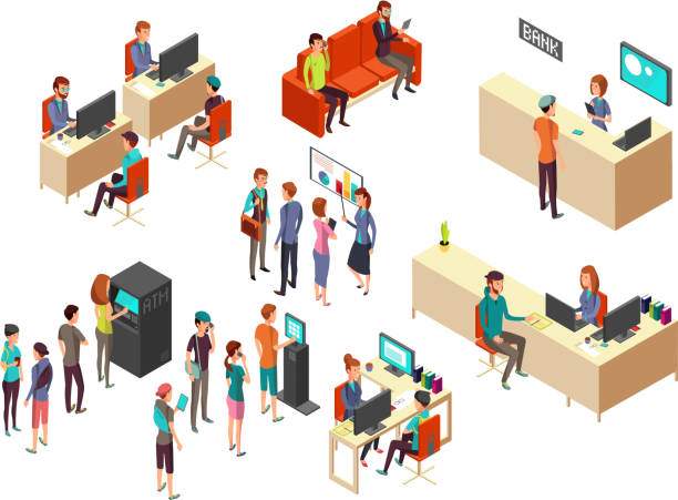 Isometric bank clients and employees for 3d banking services vector concept Isometric bank clients and employees for 3d banking services vector concept. Interior bank with client and department service illustration lobby office stock illustrations