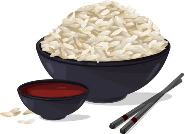 Vector illustration of Japanese food. Bowl with white rice. Vector illustrations set