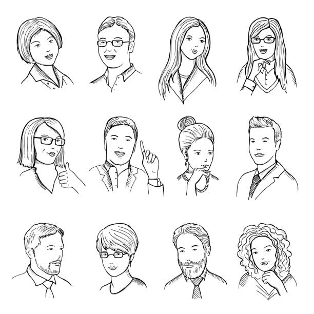 Male and female hand drawn illustrations for pictograms or web avatars. Different business faces with funny emotions. Vector pictures set Male and female hand drawn illustrations for pictograms or web avatars. Different business faces with funny emotions. Vector set of business people face female and male illustration portrait drawings stock illustrations