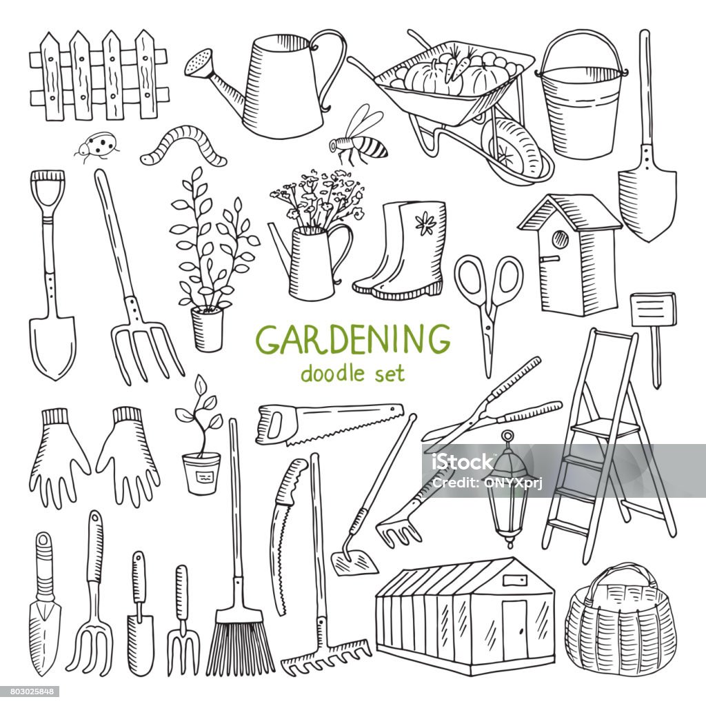 Vektor-handgezeichnete Illustrationen der Gartenarbeit. Verschiedenen Doodle Elemente für Gartenarbeiten - Lizenzfrei Gärtnern Vektorgrafik