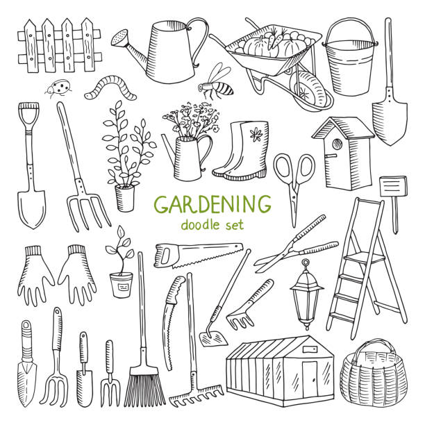 Vector hand drawn illustrations of gardening. Different doodle elements set for garden work Vector hand drawn illustrations of gardening. Different doodle elements set for garden work. Gardening tool and equipment, hand drawn shovel and glove watering pail stock illustrations