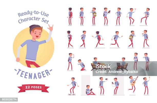 Readytouse Teenager Boy Character Set Various Poses And Emotions Stock Illustration - Download Image Now