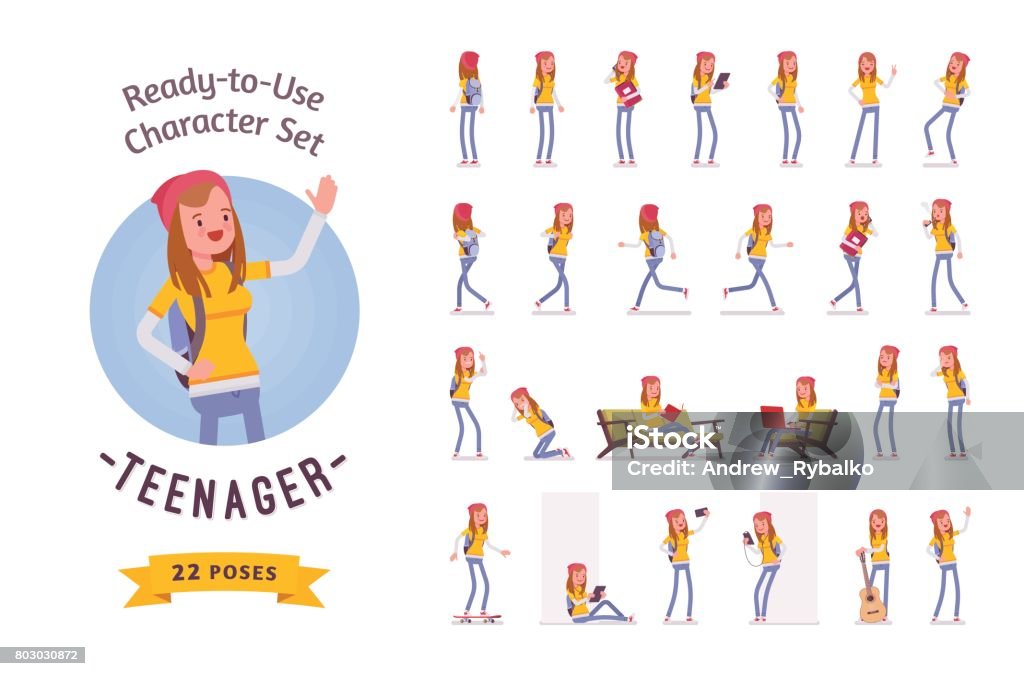 Ready-to-use teenager girl character set, various poses and emotions Ready-to-use character set. Teenager girl wearing cute beanie, casual slim fit. Various poses and emotions, running, standing, walking, working. Full length, front, rear view isolated white background Teenager stock vector