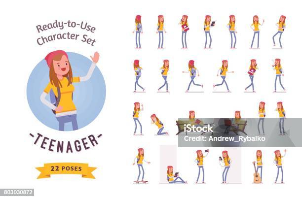 Readytouse Teenager Girl Character Set Various Poses And Emotions Stock Illustration - Download Image Now