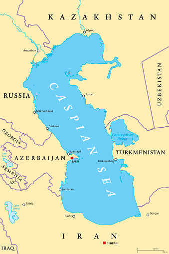 Caspian Sea region political map with most important cities, borders, rivers and lakes. Body of water, basin, and largest lake on earth between Europe and Asia. Illustration. English labeling. Vector.