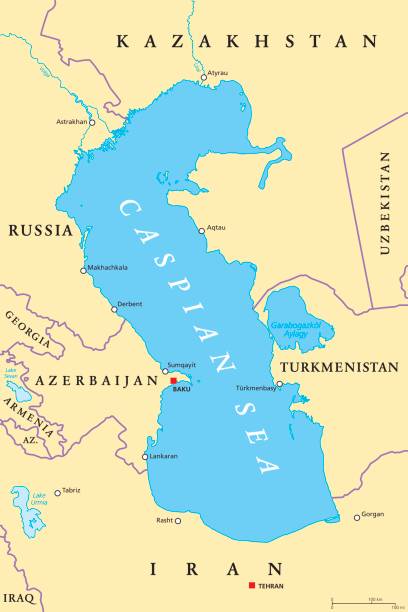 Caspian Sea region political map Caspian Sea region political map with most important cities, borders, rivers and lakes. Body of water, basin, and largest lake on earth between Europe and Asia. Illustration. English labeling. Vector. armenia country stock illustrations