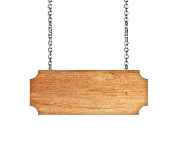 istock Wooden sign hanging on a chain isolated on white 803049692