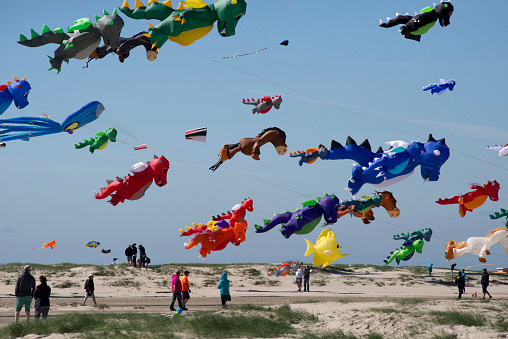 FANOE, DENMARK JUNE 17, 2017: Colorful dragon kites in the air over Fanoe beach. Fanoe Kite Fliers Meeting June 2017.